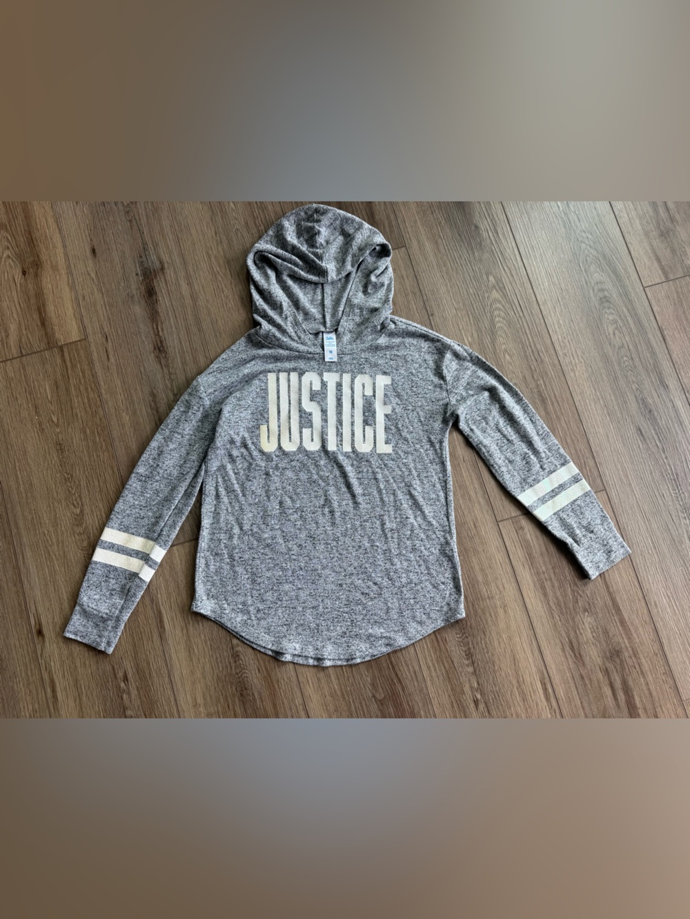 Justice Heather Gray Hooded Long-Sleeve Top with Cream Stripe Details - size 10